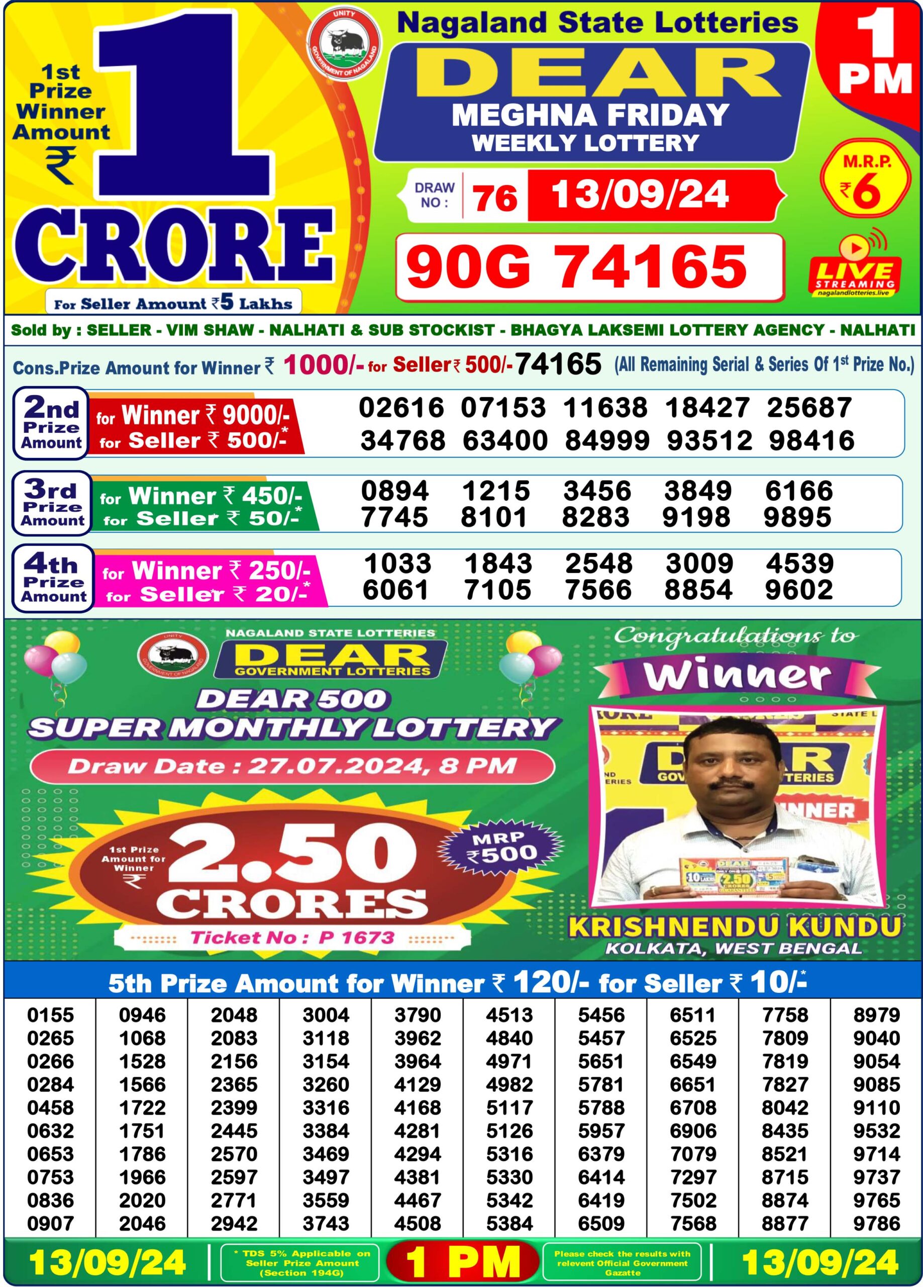 Nagaland State Lottery 1:00PM Today Result